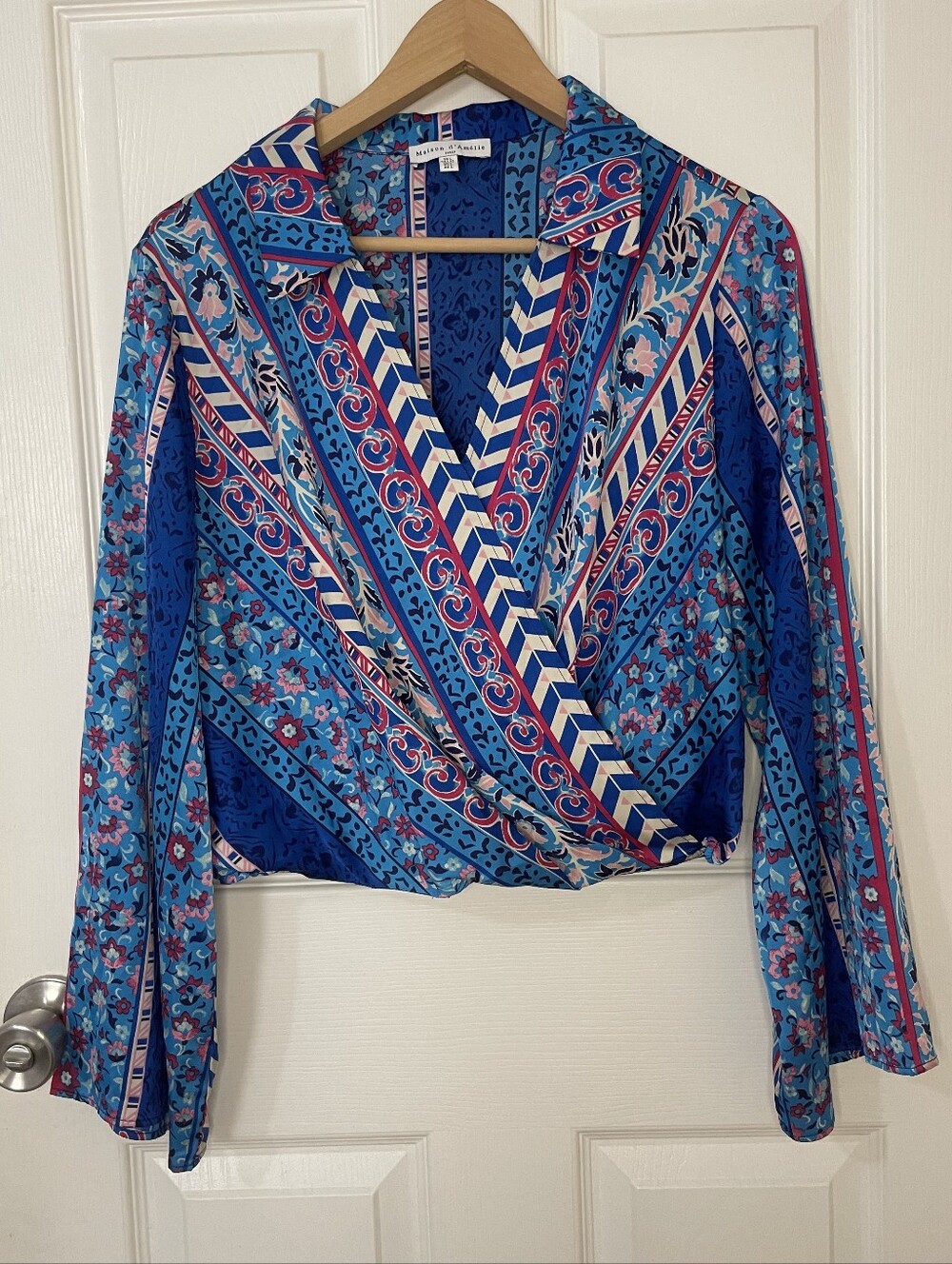 Anthropologie Maison D' Amelie Blue & Pink Printed Wrap Blouse Size L